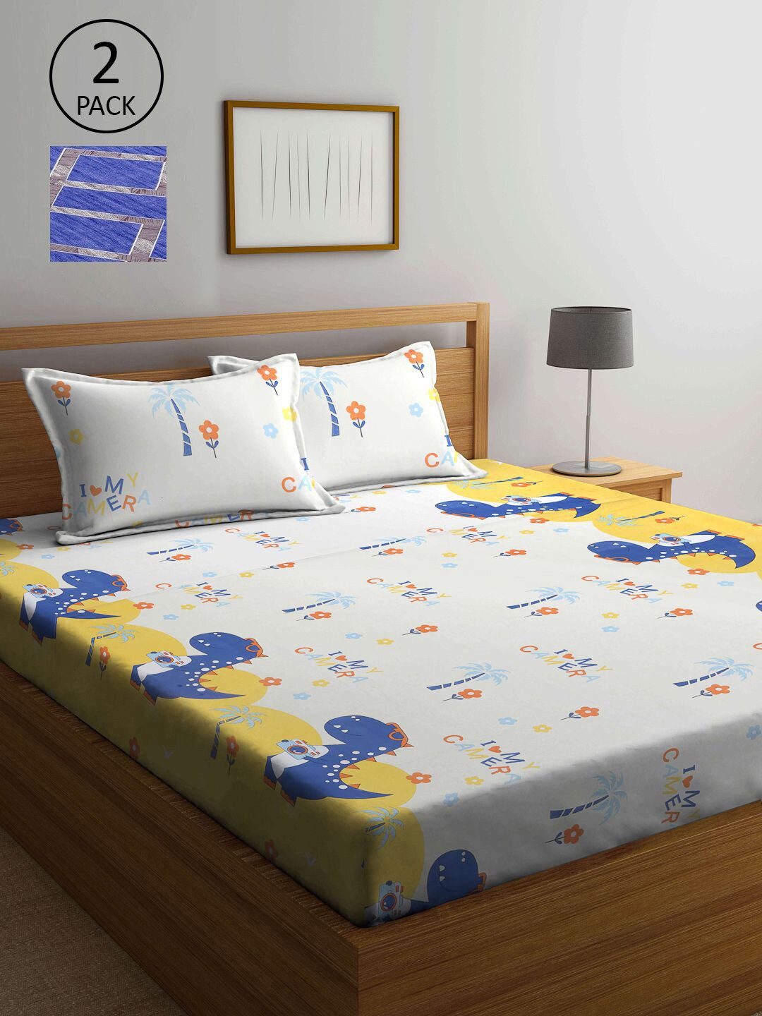 

KLOTTHE Blue & White Cartoon Characters 210 TC Set Of 2 King Bedsheet with 4 Pillow Covers