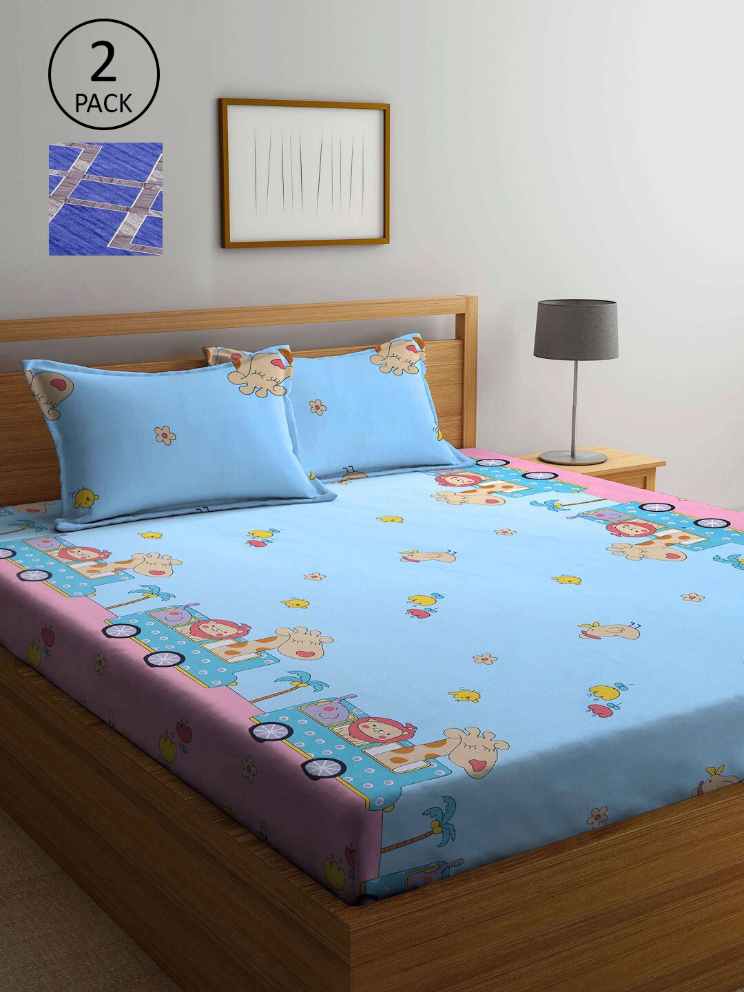 

KLOTTHE Blue & Pink Geometric 210 TC 2 King Bedsheet with 4 Pillow Covers