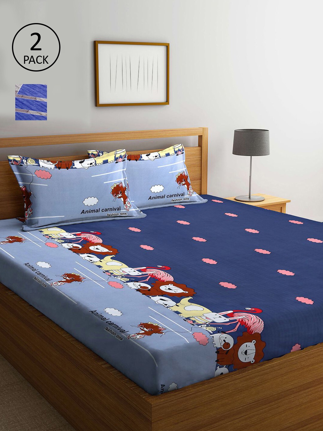 

KLOTTHE Blue & Red Cartoon Characters 210 TC 2 King Bedsheet with 4 Pillow Covers