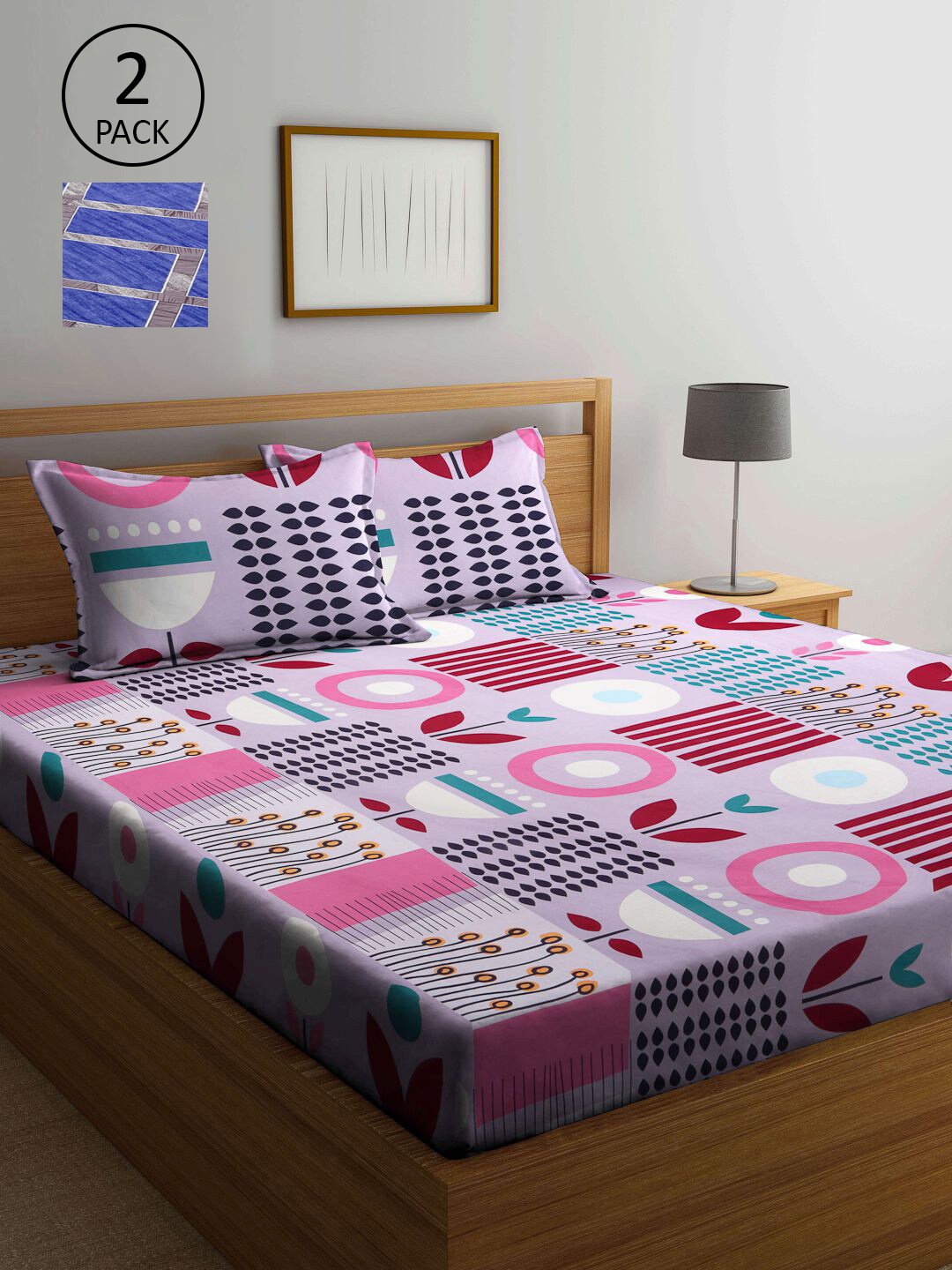 

KLOTTHE Pink & Blue Geometric 210 TC Set Of 2 King Bedsheet with 4 Pillow Covers