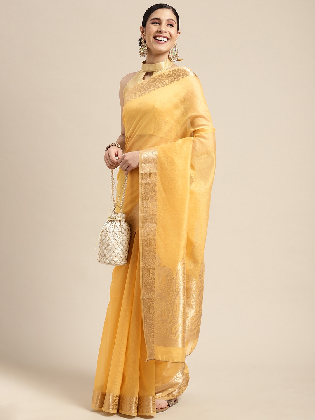 

Saree mall Yellow & Gold Solid Linen Blend Taant Sarees