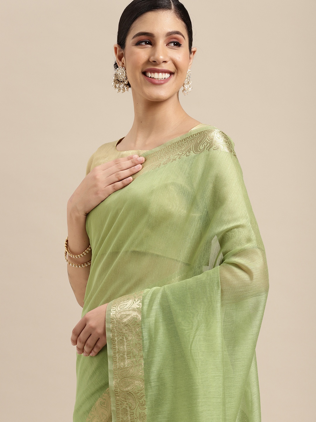 

Saree mall Mint Green & Gold Solid Linen Blend Taant Sarees