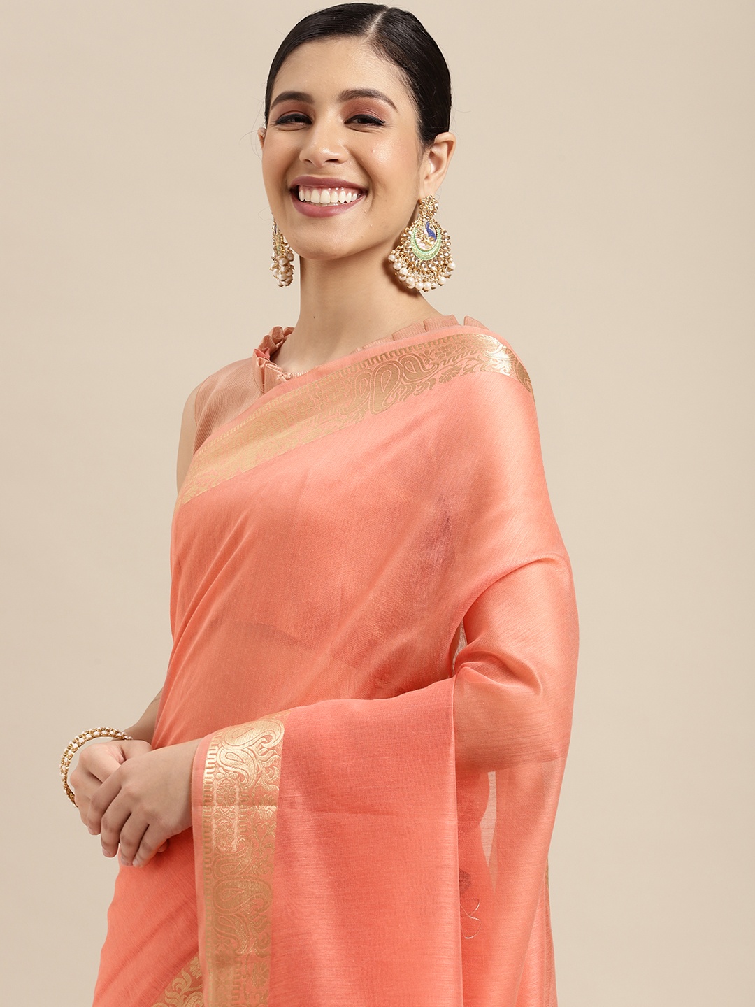 

Saree mall Peach-Coloured & Gold Solid Linen Blend Taant Sarees