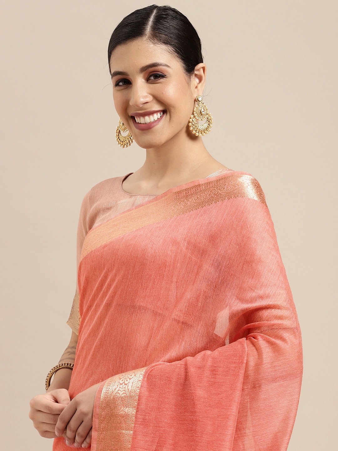 

Saree mall Pink & Gold Solid Linen Blend Taant Sarees