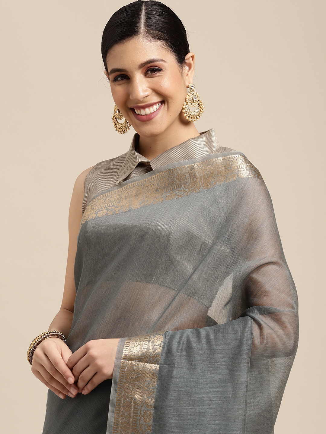 

Saree mall Charcoal Grey & Gold Solid Linen Blend Taant Sarees