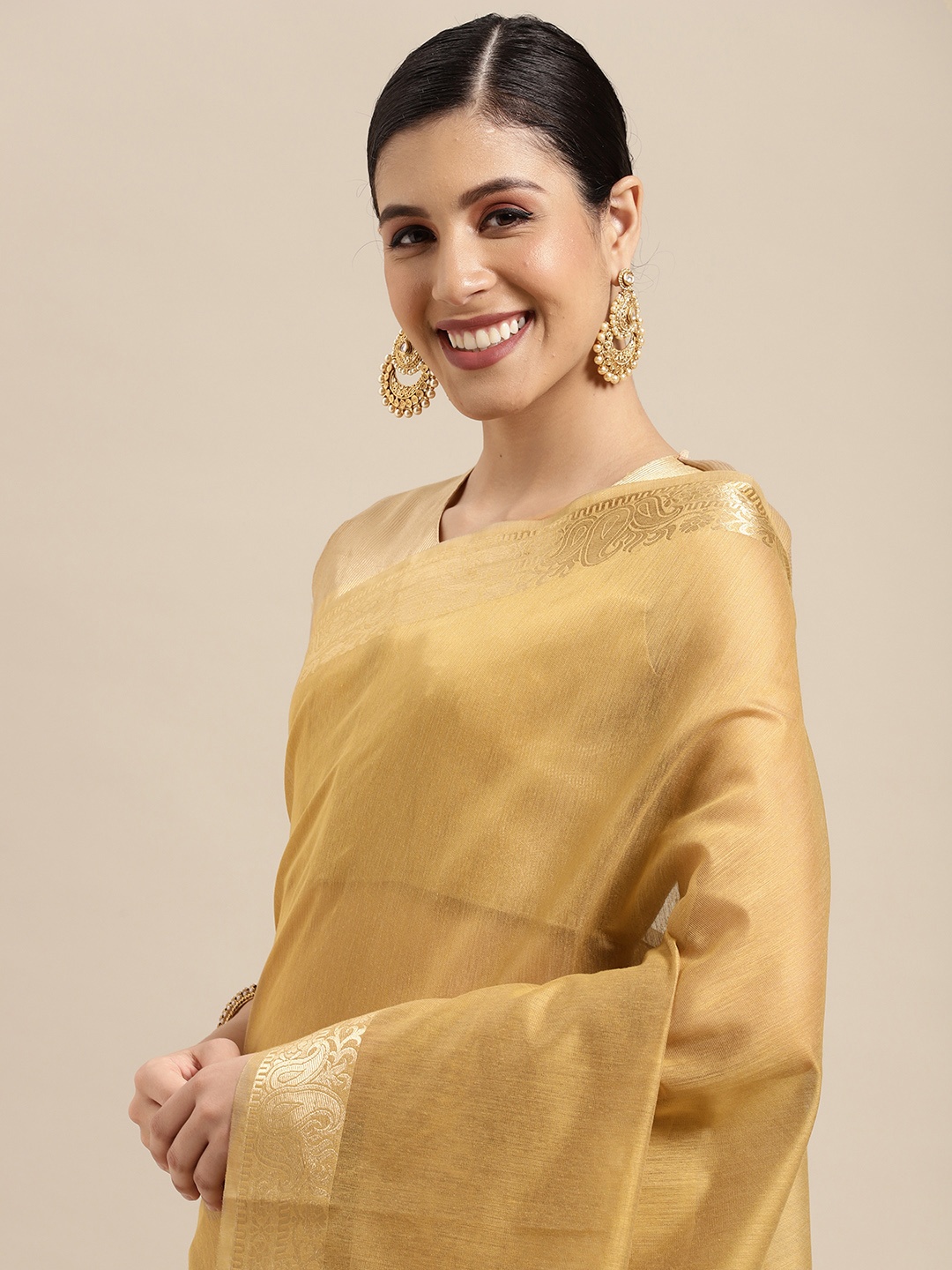 

Saree mall Khaki & Gold Solid Linen Blend Taant Sarees