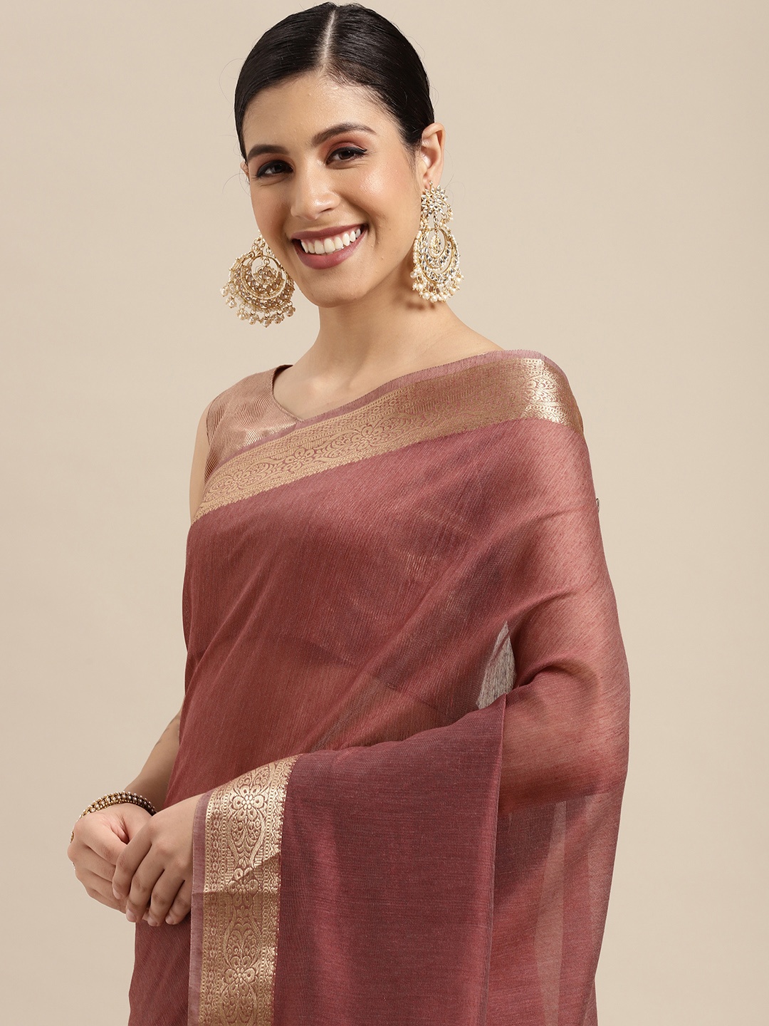 

Saree mall Mauve & Gold Solid Linen Blend Taant Sarees