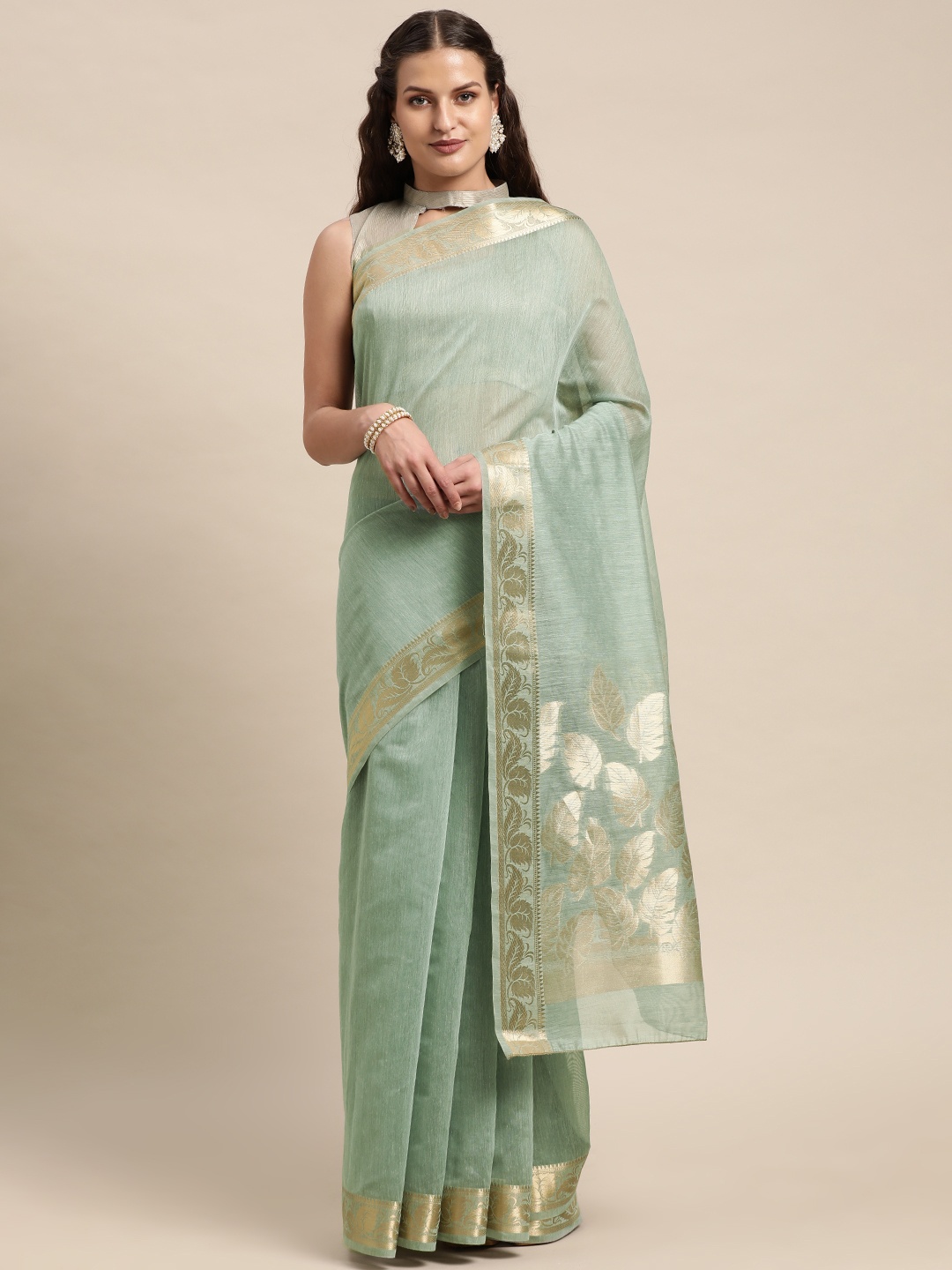 

Mitera Sea Green Ethnic Motifs Zari Linen Blend Taant Saree