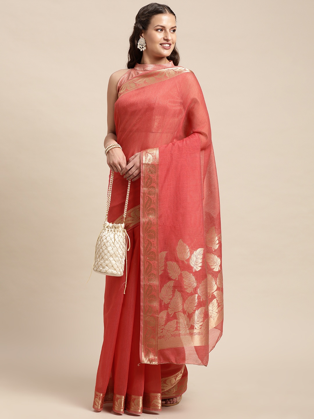 

Mitera Red Ethnic Motifs Zari Linen Blend Taant Saree