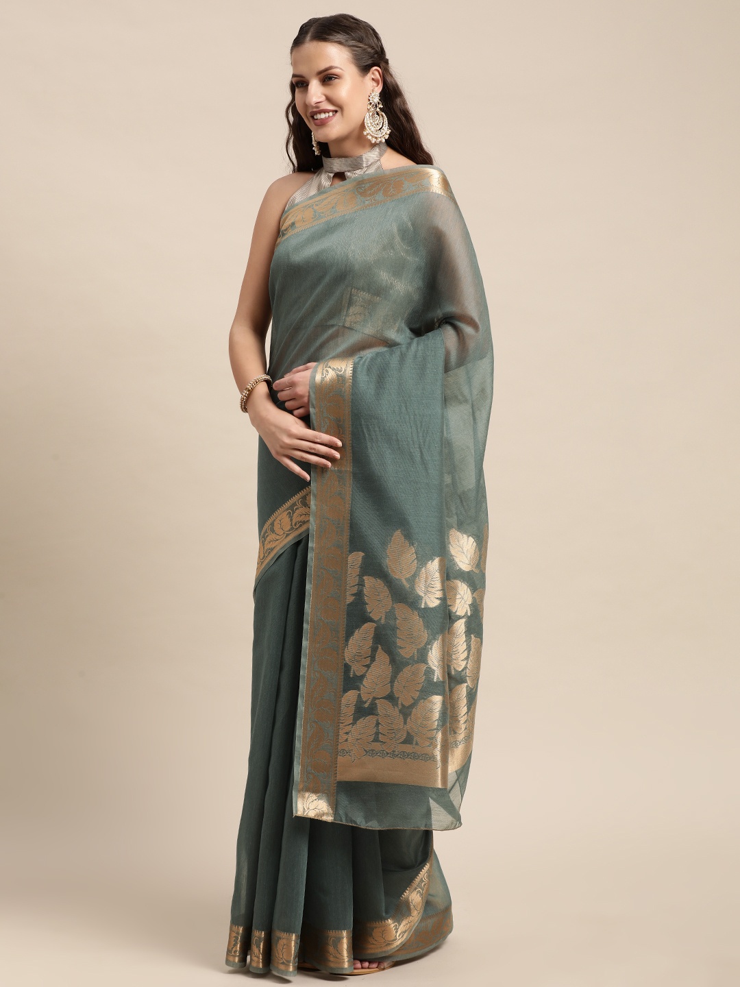 

Mitera Grey Ethnic Motifs Zari Linen Blend Taant Saree