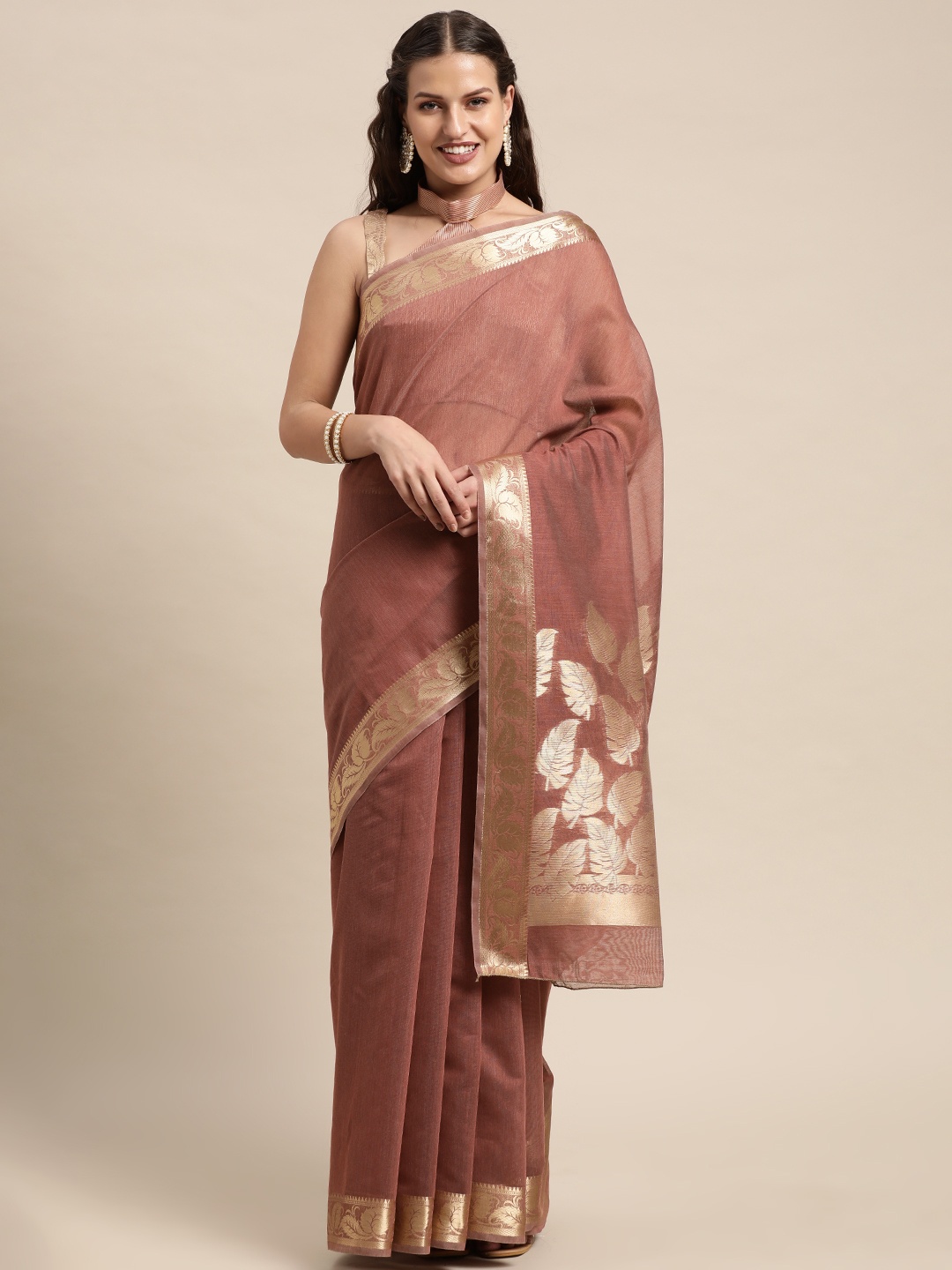 

Mitera Mauve Ethnic Motifs Zari Linen Blend Taant Saree