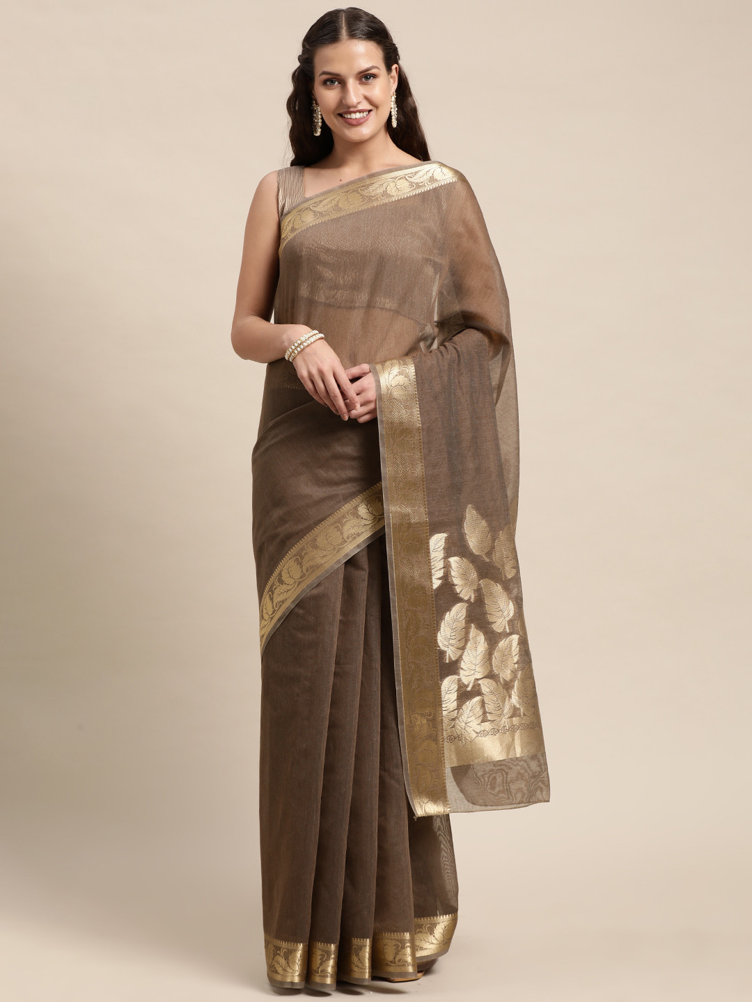 

Mitera Coffee Brown Ethnic Motifs Zari Linen Blend Taant Saree
