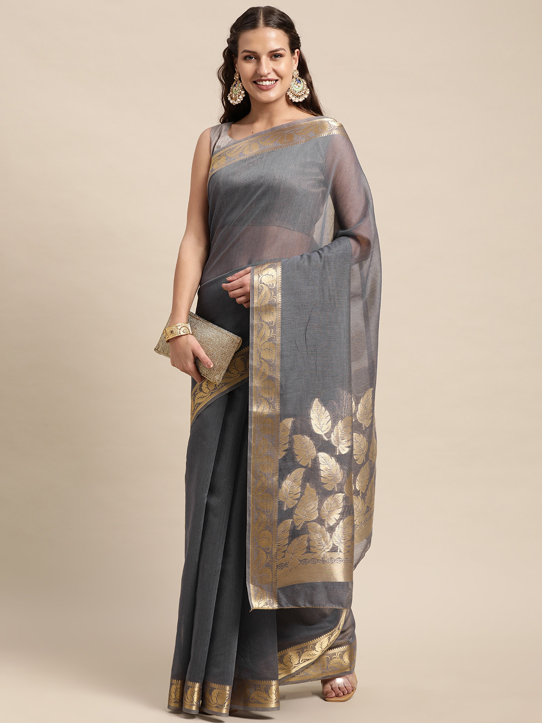 

Mitera Grey Ethnic Motifs Zari Linen Blend Taant Saree