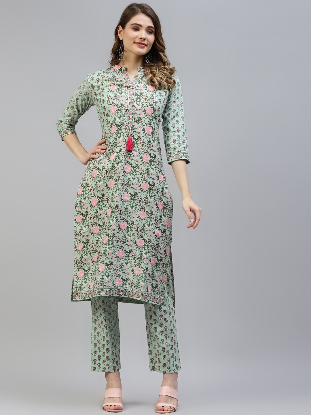 

MYAZA Women Green & Pink Pure Cotton Floral Print Gotta Patti Kurta with Trousers