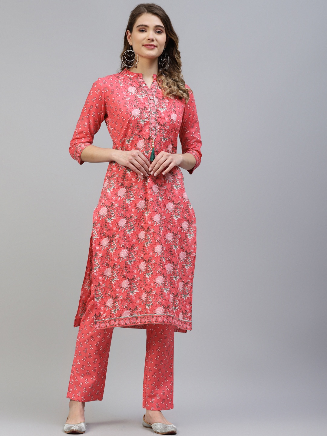 

MYAZA Women Pink & Green Pure Cotton Floral Print Gotta Patti Kurta with Trousers