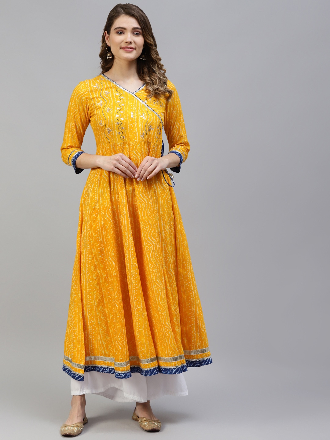 

MYAZA Women Yellow & Blue Bandhani Print Mirror Work Anarkali Kurta