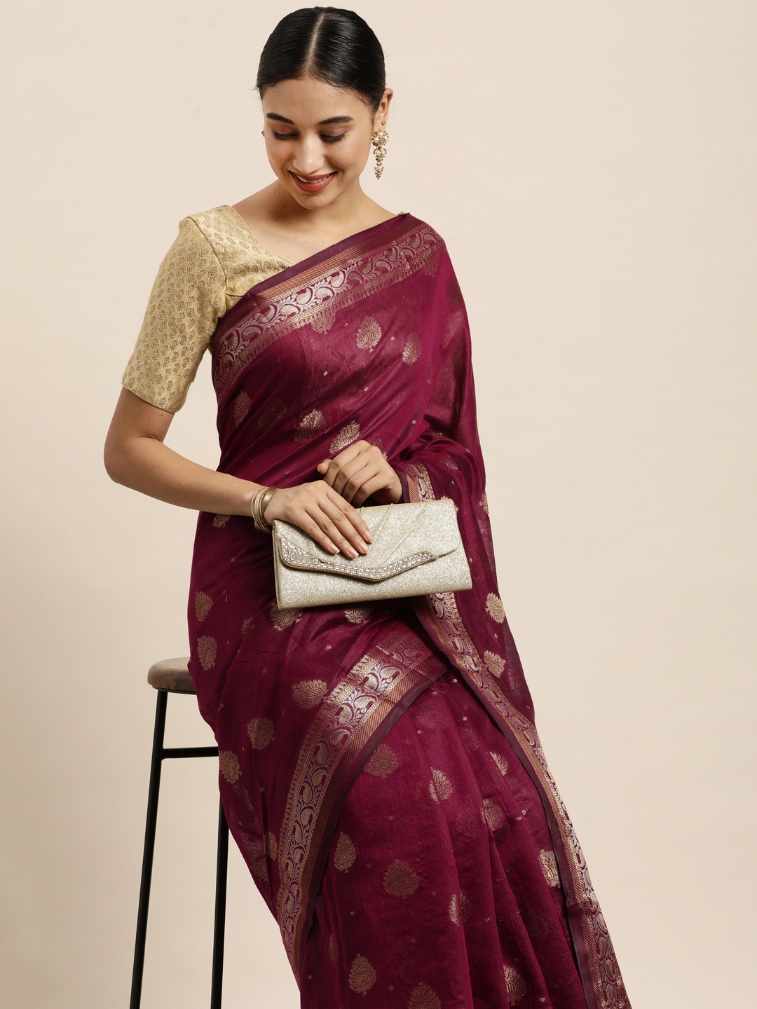 

Saree Swarg Maroon & Gold-Toned Ethnic Motifs Zari Banarasi Sarees