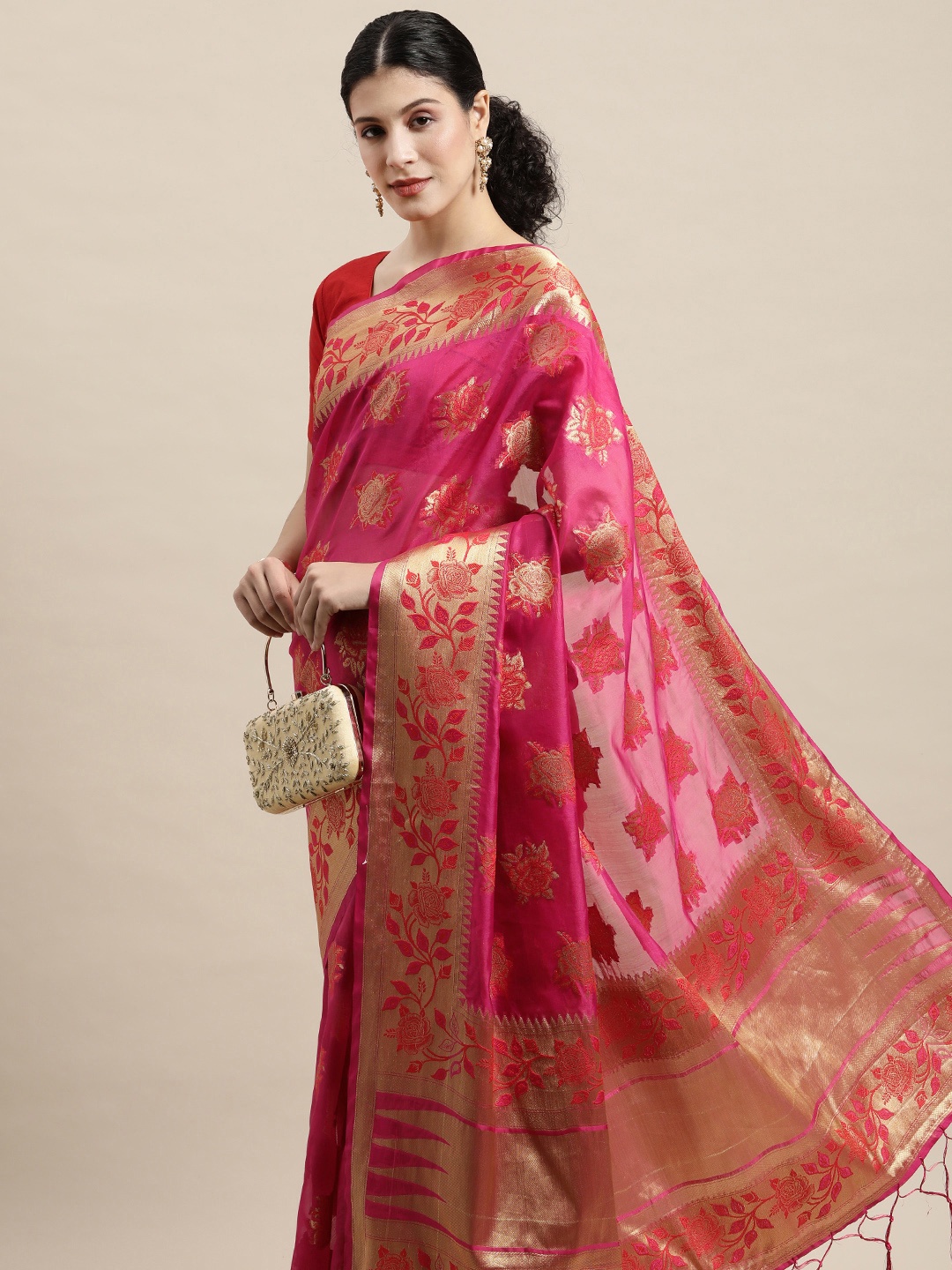 

Saree Swarg Pink & Gold-Toned Ethnic Motifs Zari Organza Banarasi Sarees