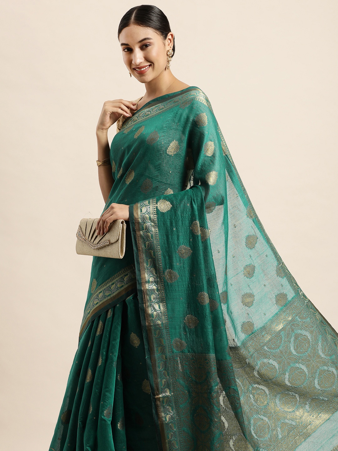 

Saree Swarg Green & Gold-Toned Ethnic Motifs Zari Banarasi Sarees