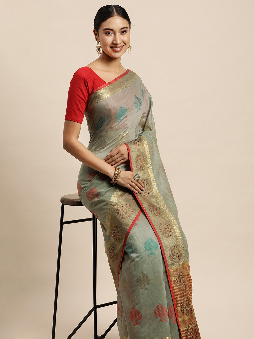 

Saree Swarg Grey & Gold-Toned Ethnic Motifs Zari Chanderi Sarees
