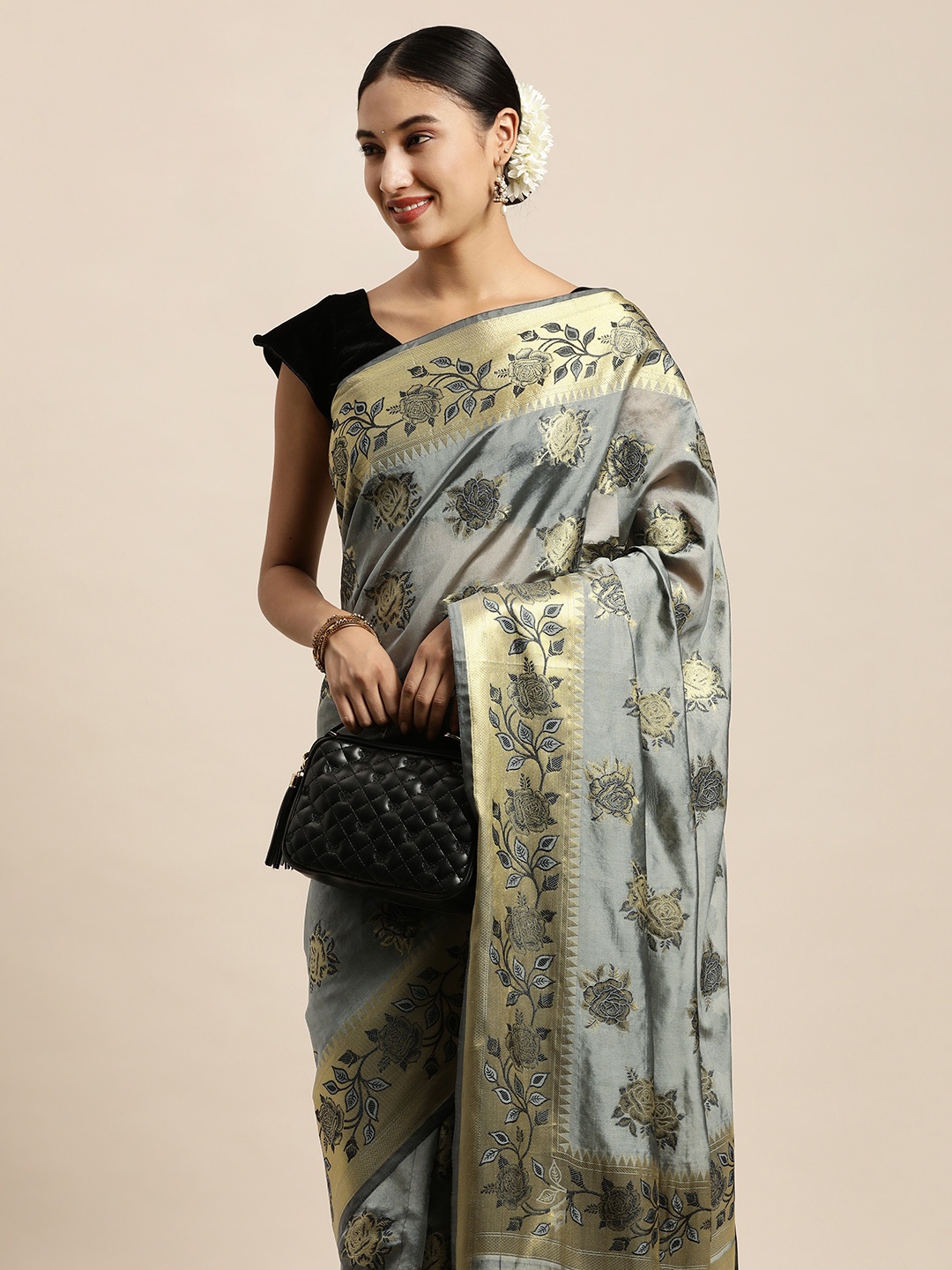 

Saree Swarg Grey & Gold-Toned Ethnic Motifs Zari Organza Banarasi Sarees