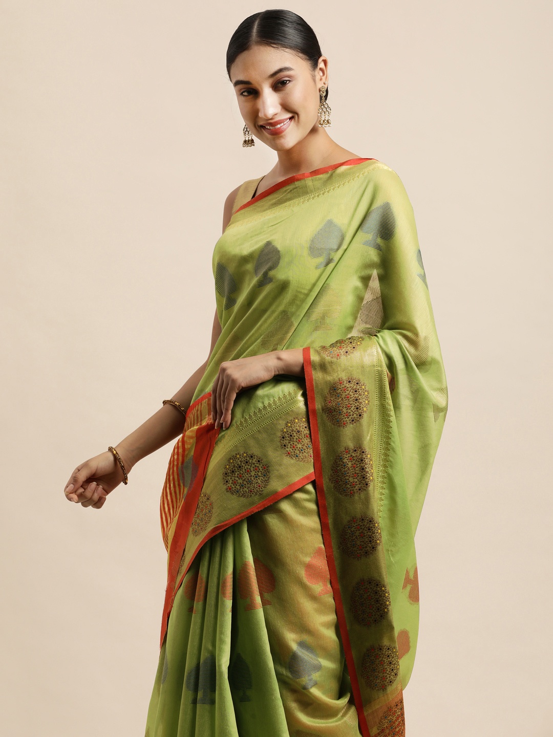 

Saree Swarg Green & Gold-Toned Ethnic Motifs Zari Chanderi Sarees