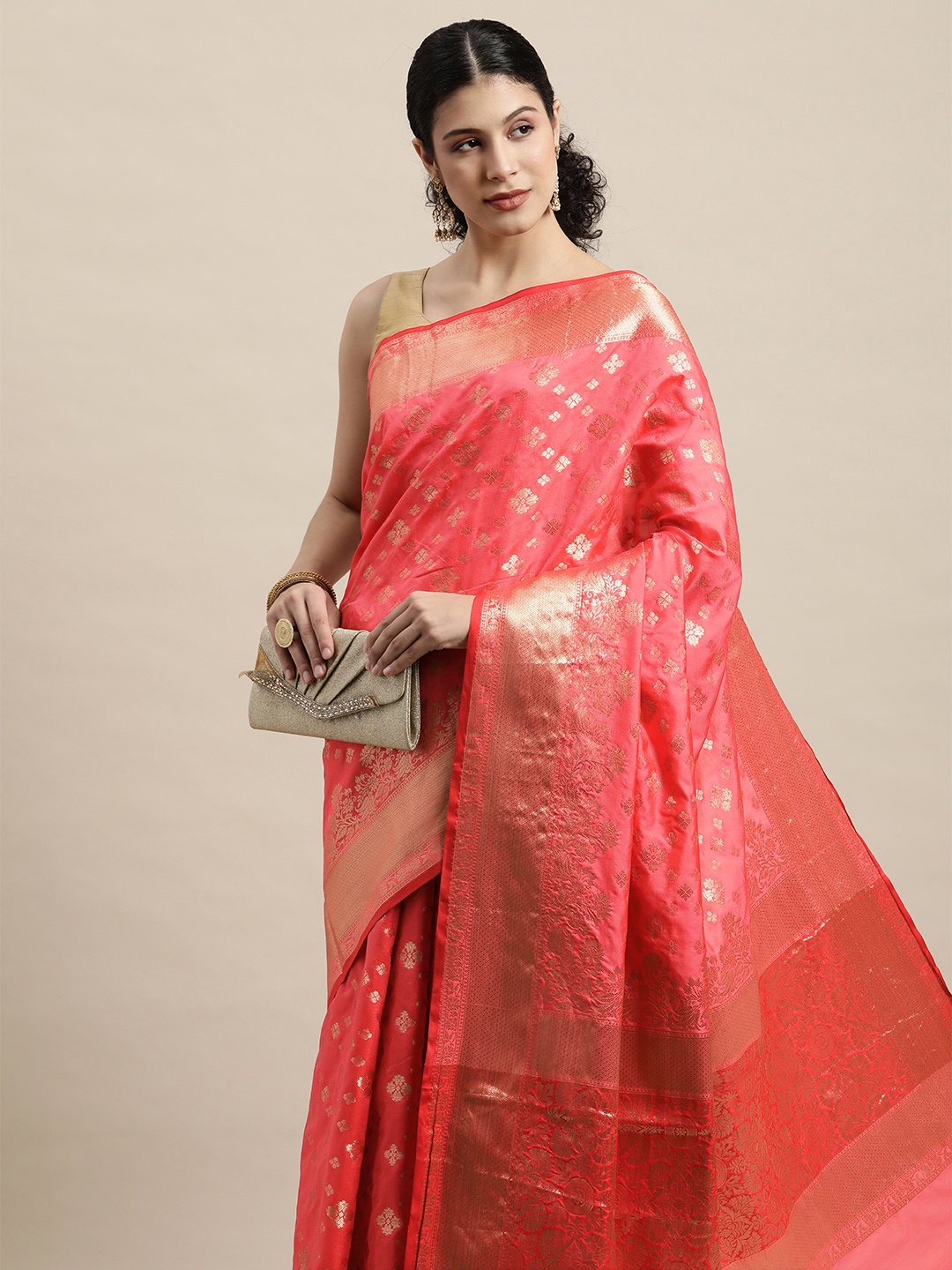 

Saree Swarg Pink & Gold-Toned Ethnic Motifs Zari Silk Blend Banarasi Sarees