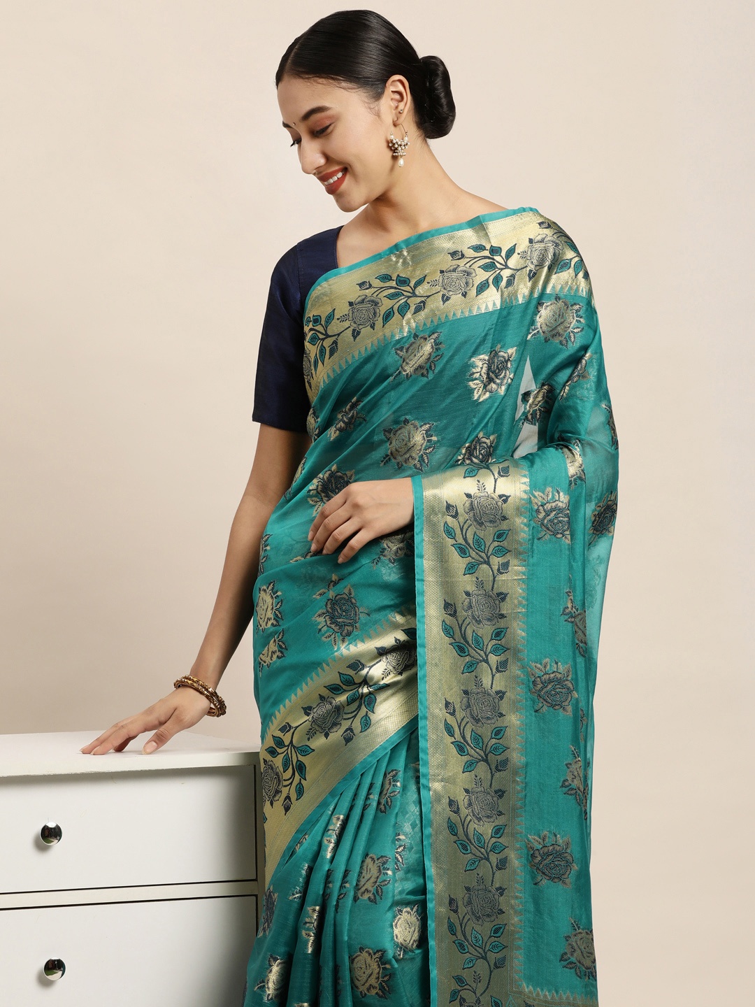 

Saree Swarg Teal Blue & Gold-Toned Floral Zari Organza Banarasi Sarees