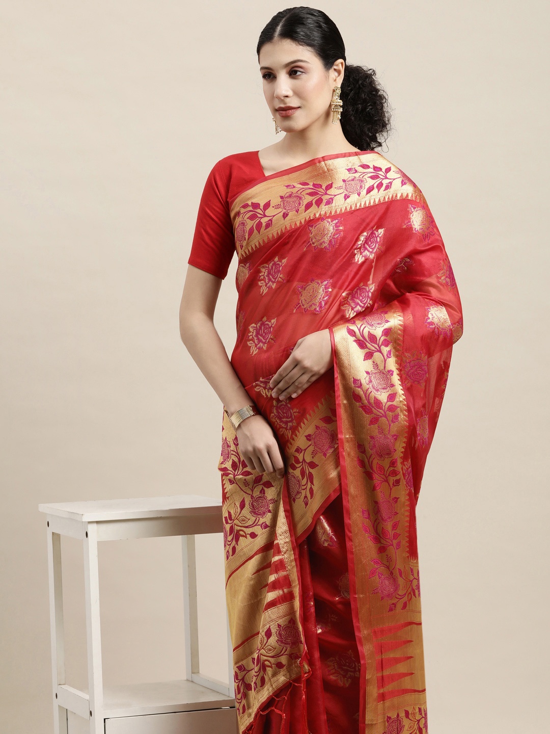 

Saree Swarg Red & Gold-Toned Ethnic Motifs Zari Organza Banarasi Sarees