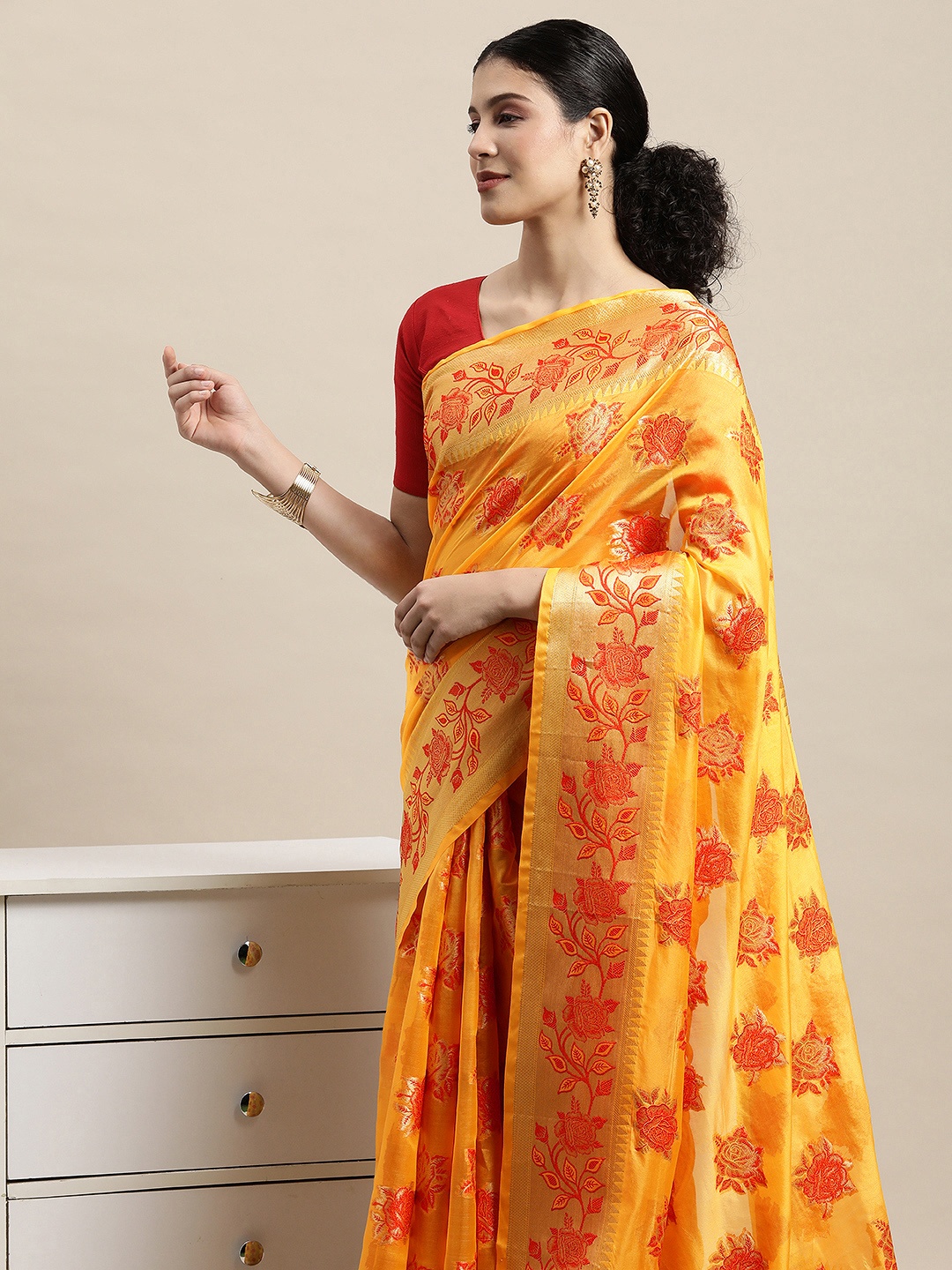 

Saree Swarg Yellow & Red Ethnic Motifs Zari Organza Banarasi Sarees