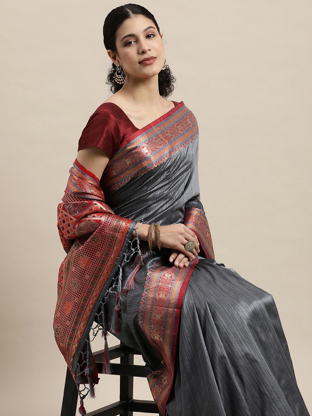 

Saree Swarg Grey Striped Silk Blend Banarasi Sarees