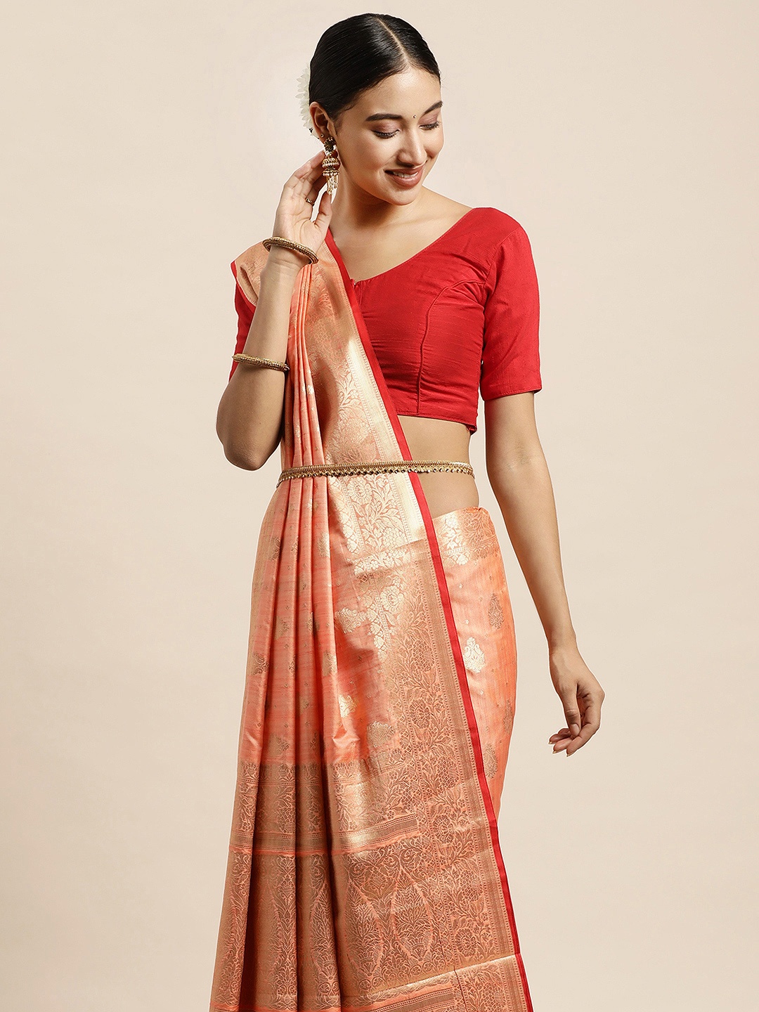 

Saree Swarg Peach-Coloured & Gold-Toned Ethnic Motifs Zari Silk Blend Banarasi Sarees