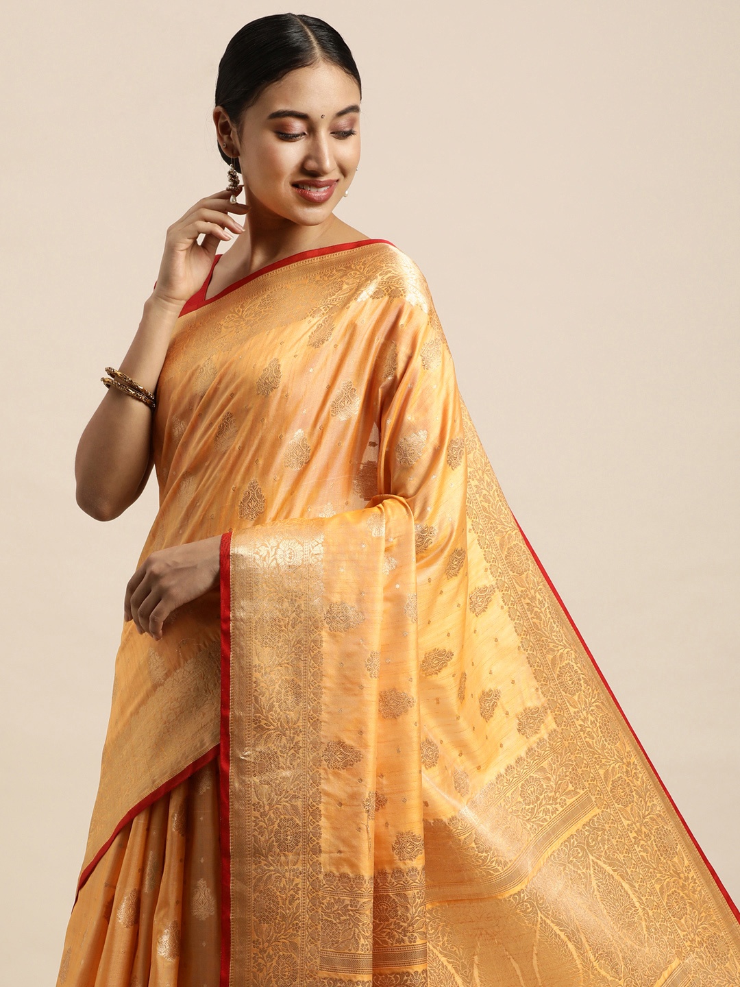 

Saree Swarg Yellow & Gold-Toned Ethnic Motifs Zari Silk Blend Banarasi Sarees