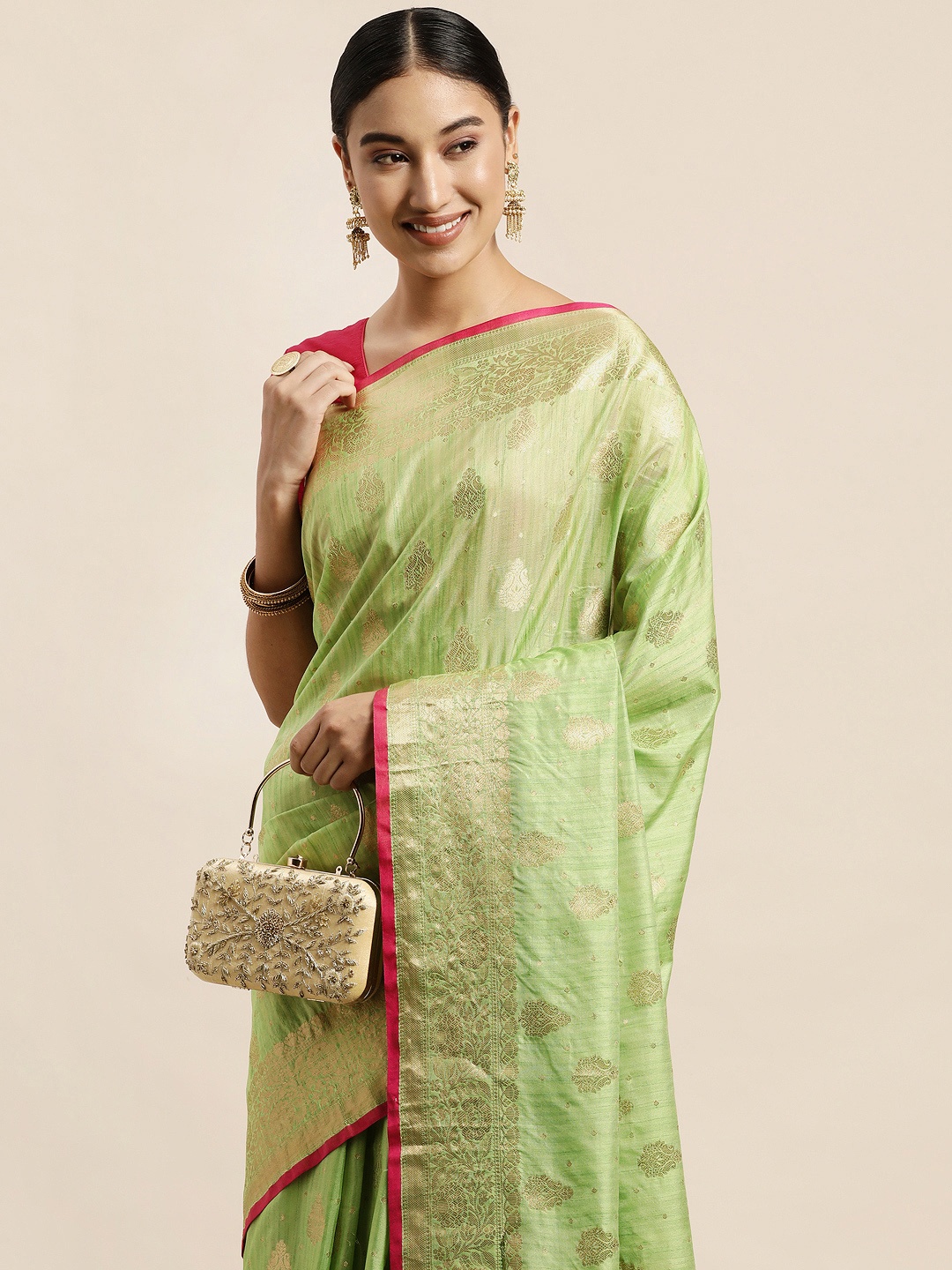 

Saree Swarg Green & Gold-Toned Ethnic Motifs Zari Silk Blend Banarasi Sarees