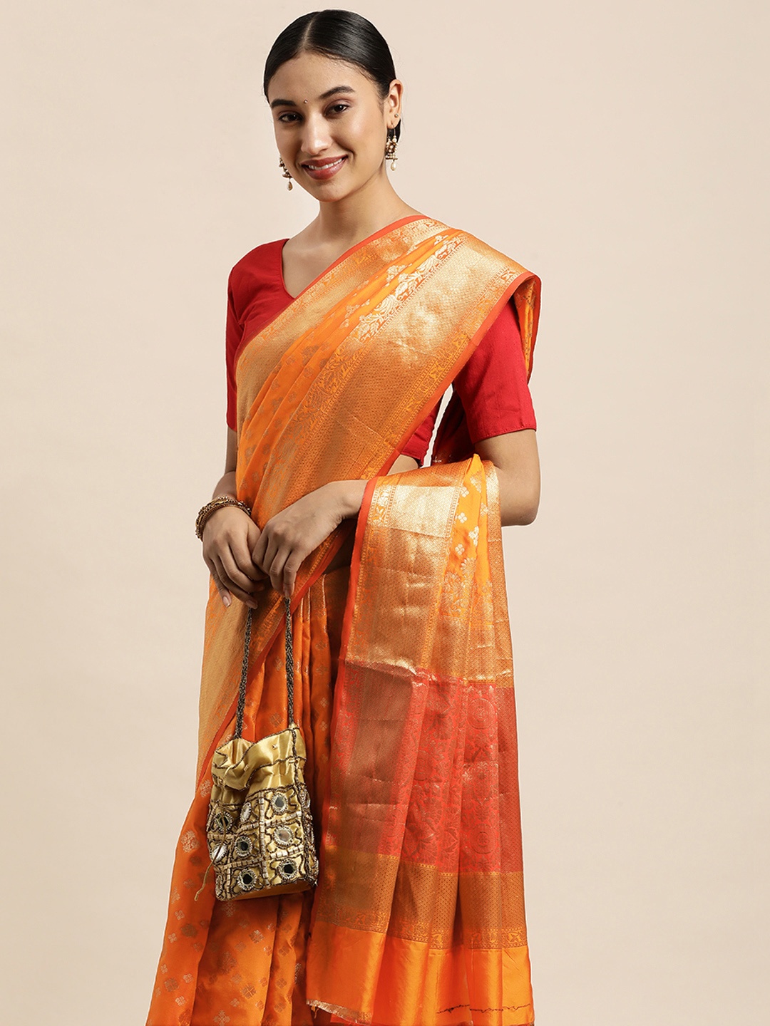 

Saree Swarg Orange & Gold-Toned Ethnic Motifs Zari Silk Blend Banarasi Sarees