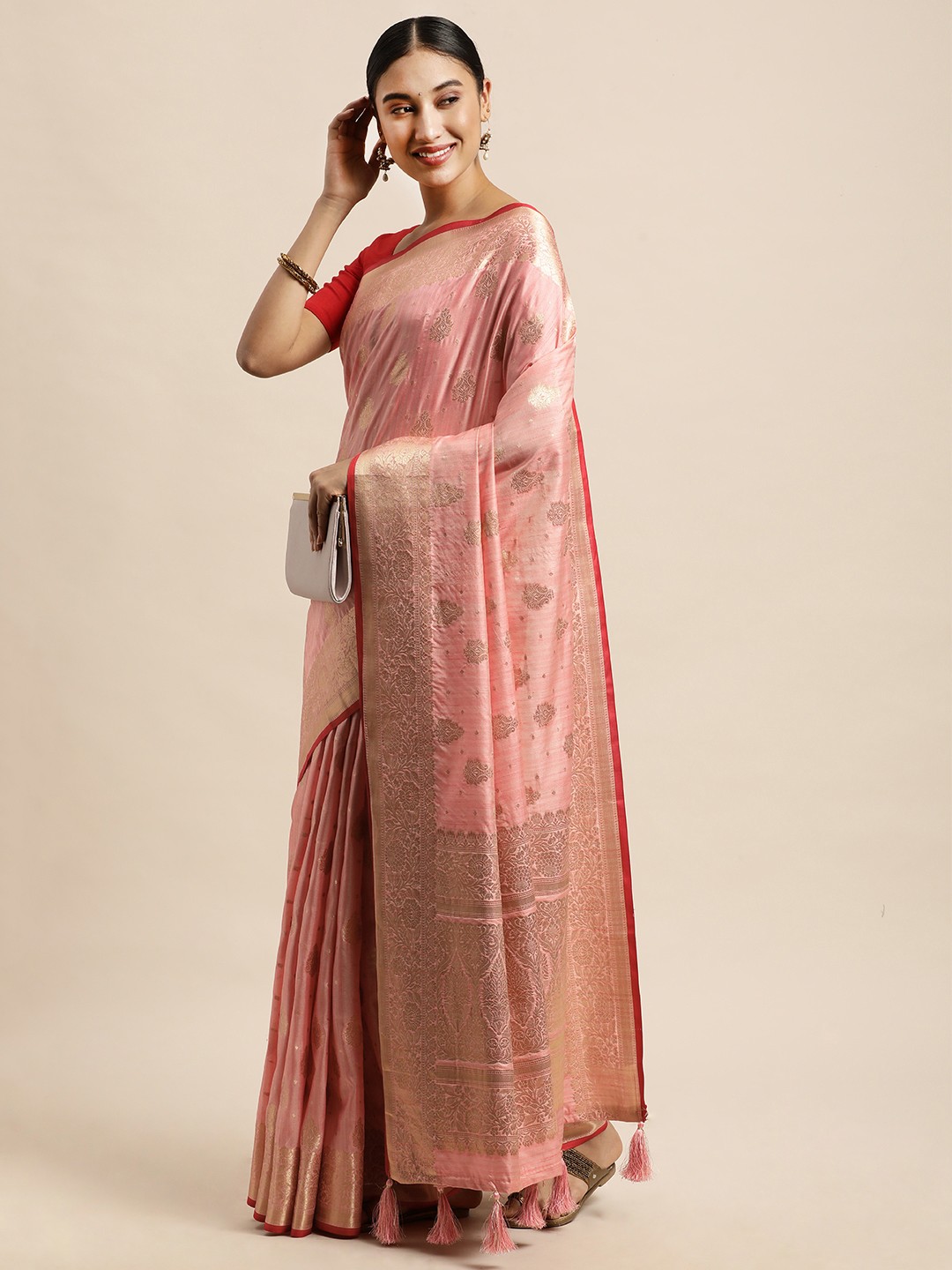 

Saree Swarg Pink & Gold-Toned Ethnic Motifs Zari Silk Blend Banarasi Sarees
