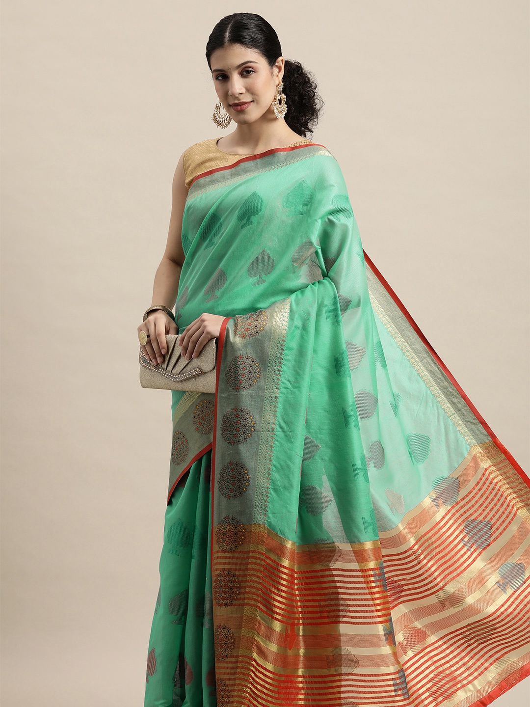 

Saree Swarg Sea Green & Gold-Toned Ethnic Motifs Zari Chanderi Sarees