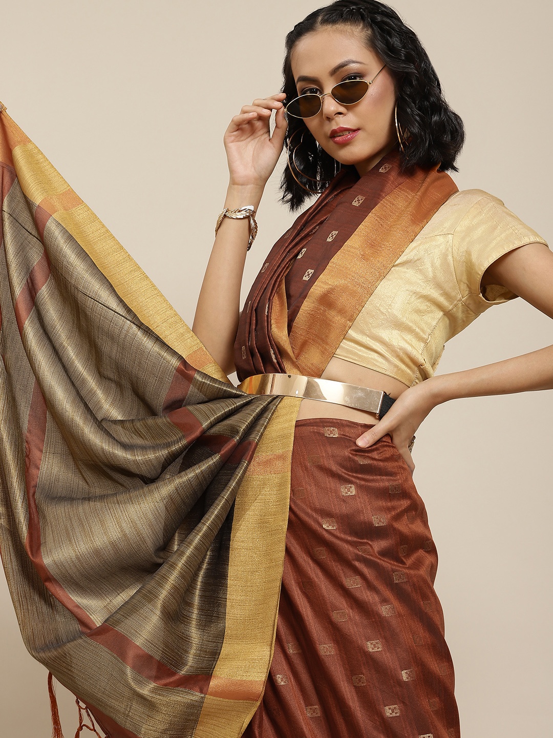 

Havida Sarees Brown & Golden Ethnic Motifs Silk Cotton Saree