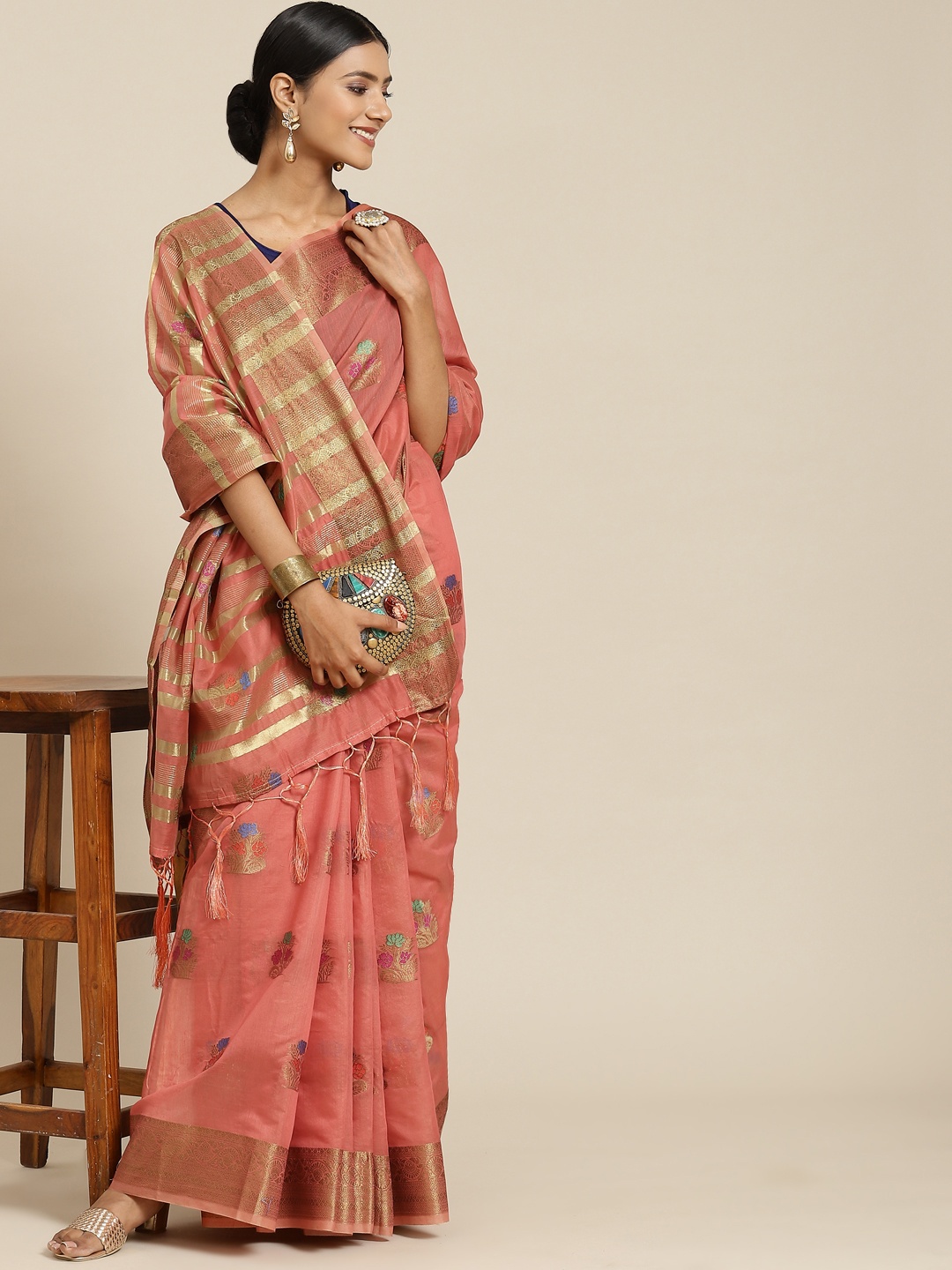Havida Sarees Peach-Coloured Woven Design Banarasi Saree