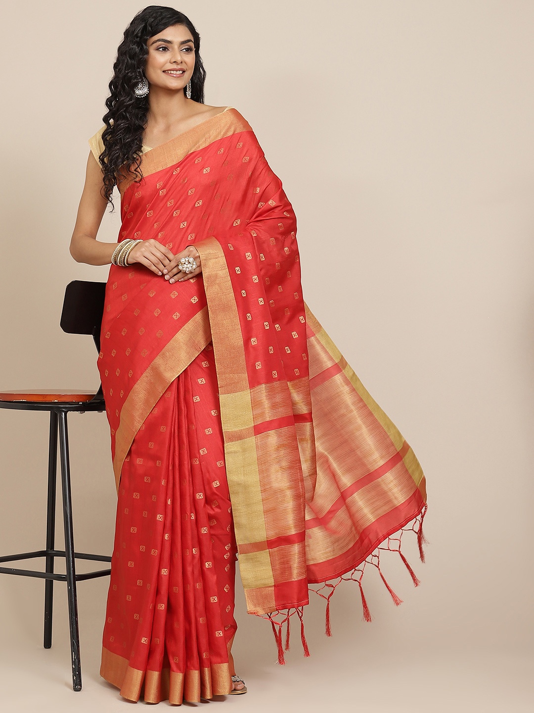 

Havida Sarees Red Ethnic Motifs Zari Silk Cotton Bhagalpuri Saree