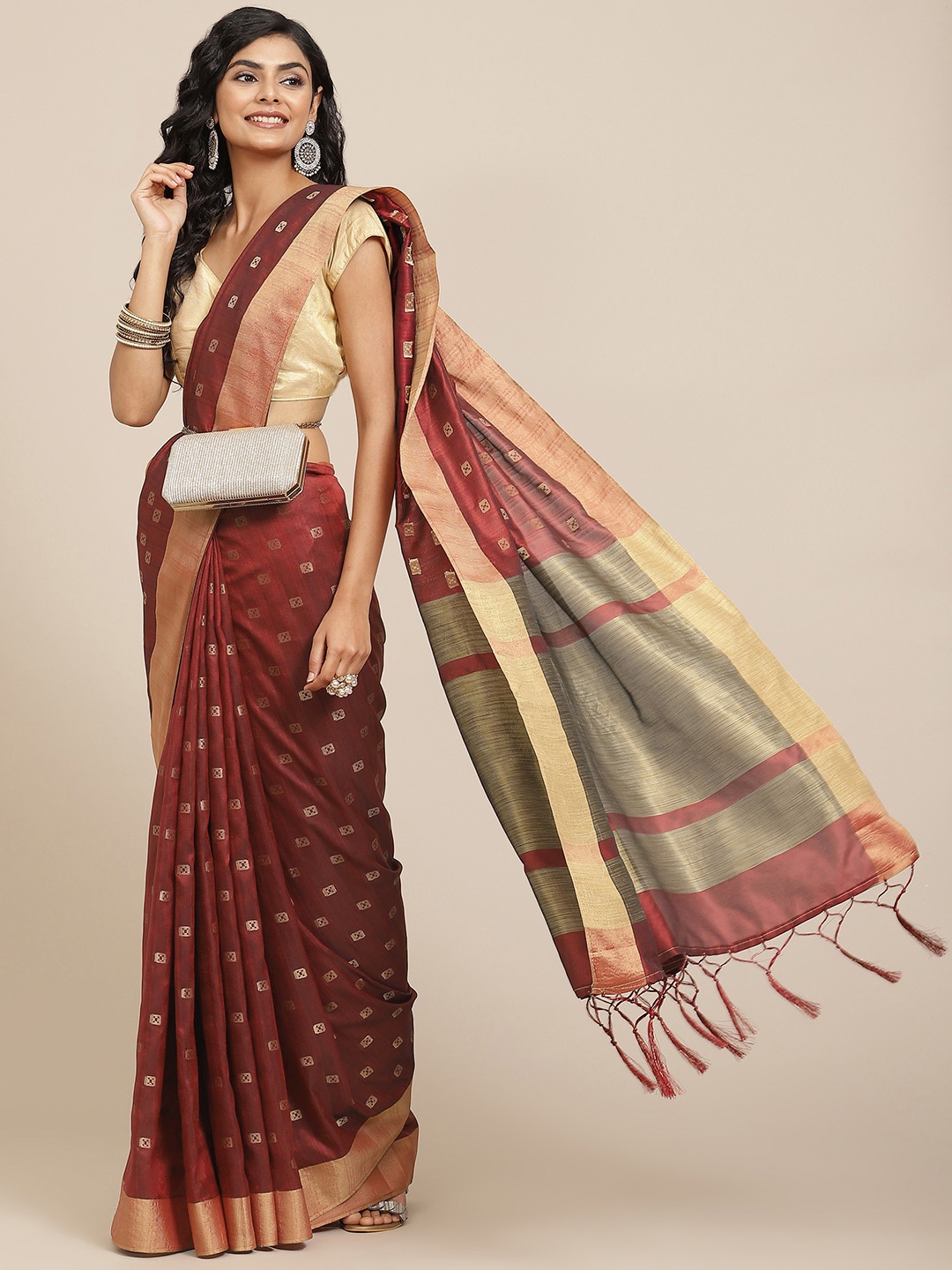 

Havida Sarees Maroon Ethnic Motifs Zari Silk Cotton Bhagalpuri Saree