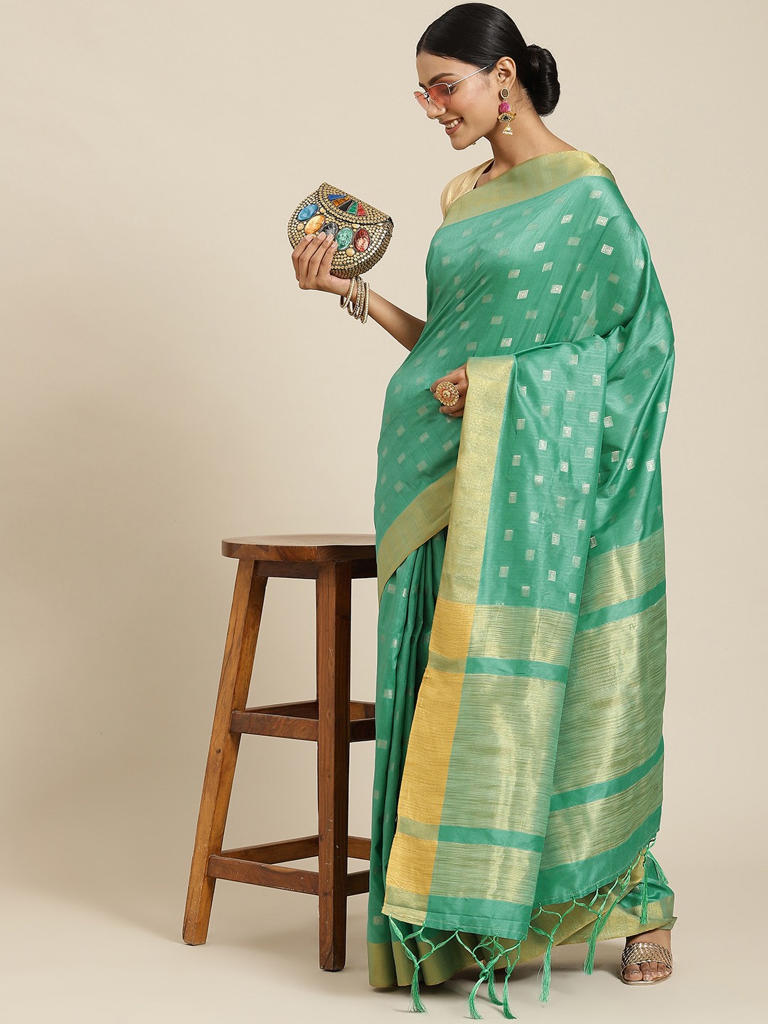 

Havida Sarees Sea Green Ethnic Motifs Zari Silk Cotton Banarasi Saree