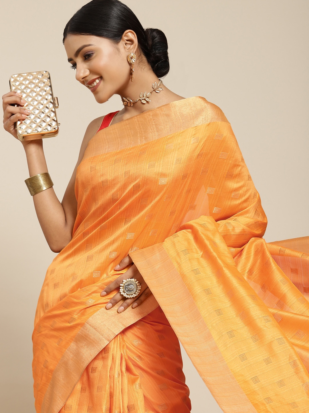 

Havida Sarees Orange & Golden Woven Design Zari Bhagalpuri Saree