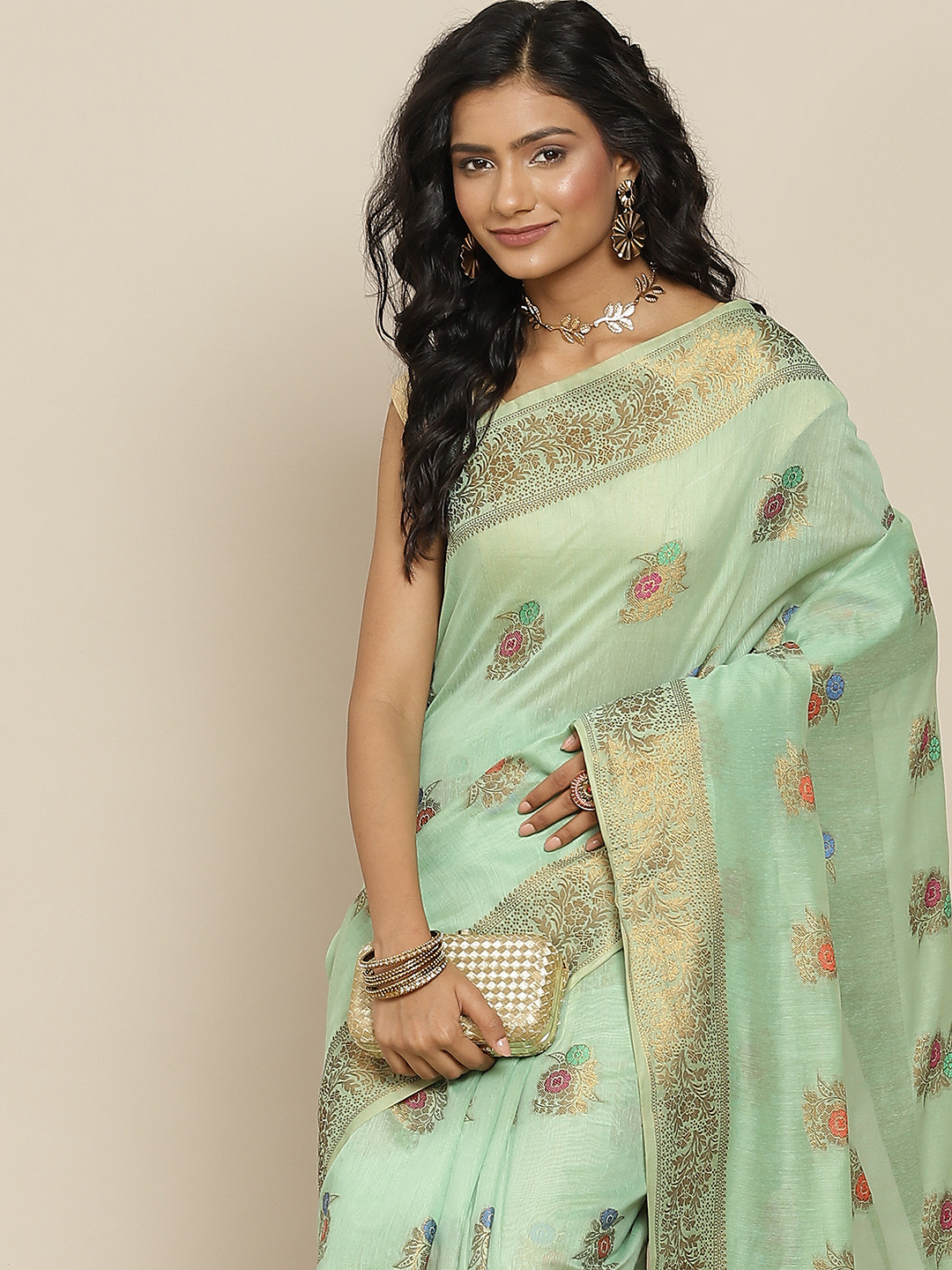 

Havida Sarees Green & Beige Woven Design Gotta Patti Saree