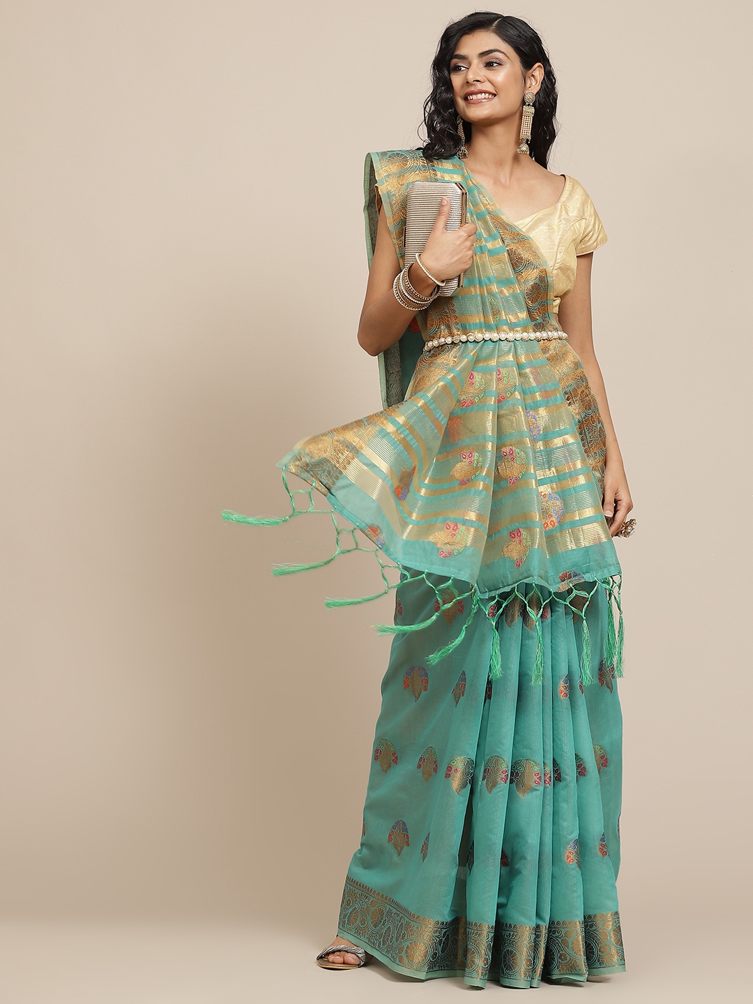 

Havida Sarees Sea Green & Golden Ethnic Motif Woven Design Saree