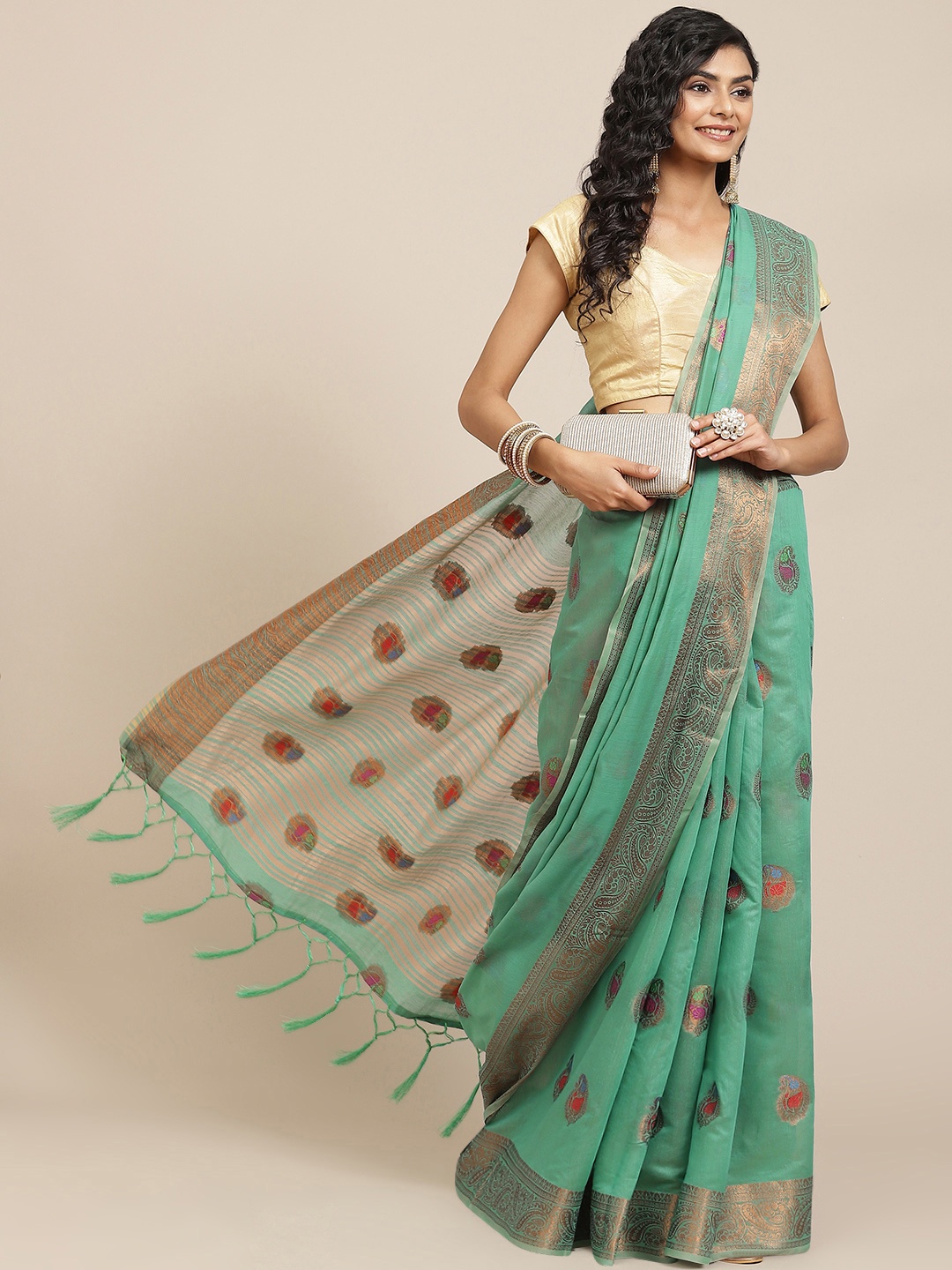 

Havida Sarees Green & Rust Red Ethnic Motifs Woven Design Saree