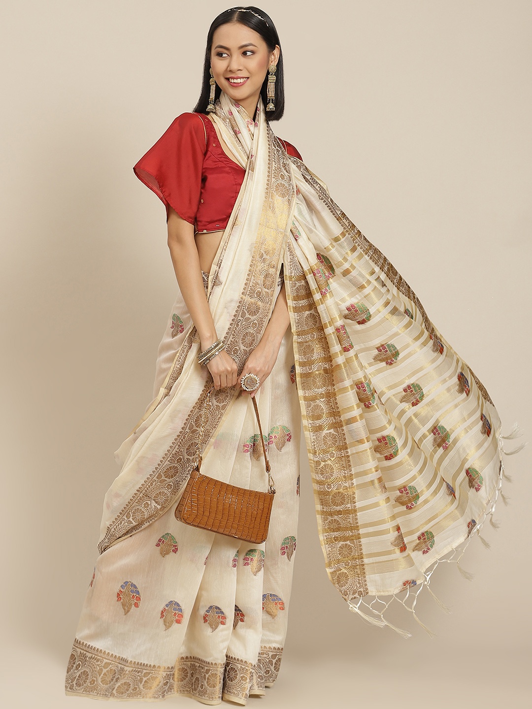 

Havida Sarees Off White Ethnic Motifs Zari Banarasi Saree