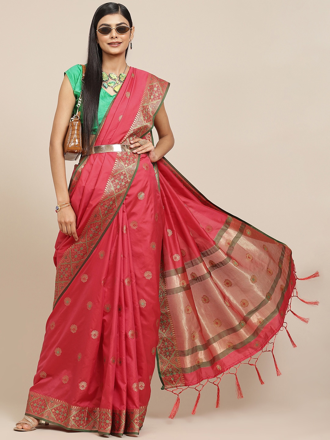 

Havida Sarees Coral Red Ethnic Motifs Zari Silk Blend Banarasi Saree
