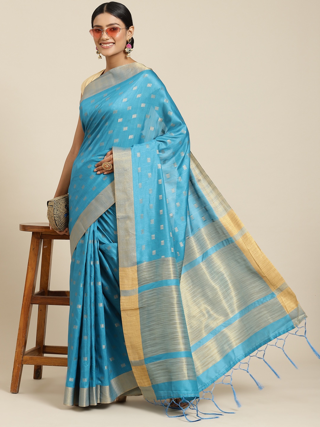 

Havida Sarees Turquoise Blue Ethnic Motifs Bhagalpuri Saree