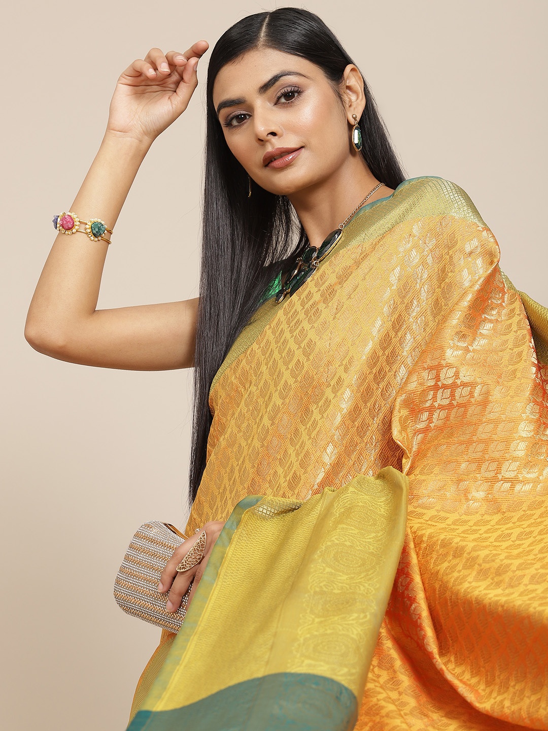 

Havida Sarees Yellow & Golden Ethnic Motifs Zari Silk Blend Banarasi Saree